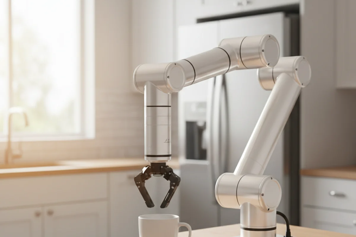 Robot arm in an authored kitchen simulation scene