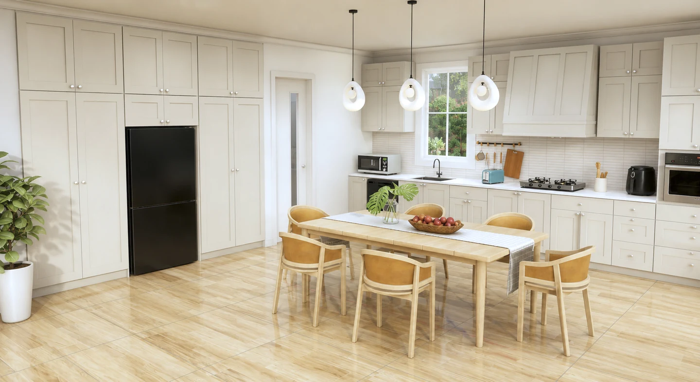 Eat-In Kitchen library scene with cabinets, appliances and a dining area