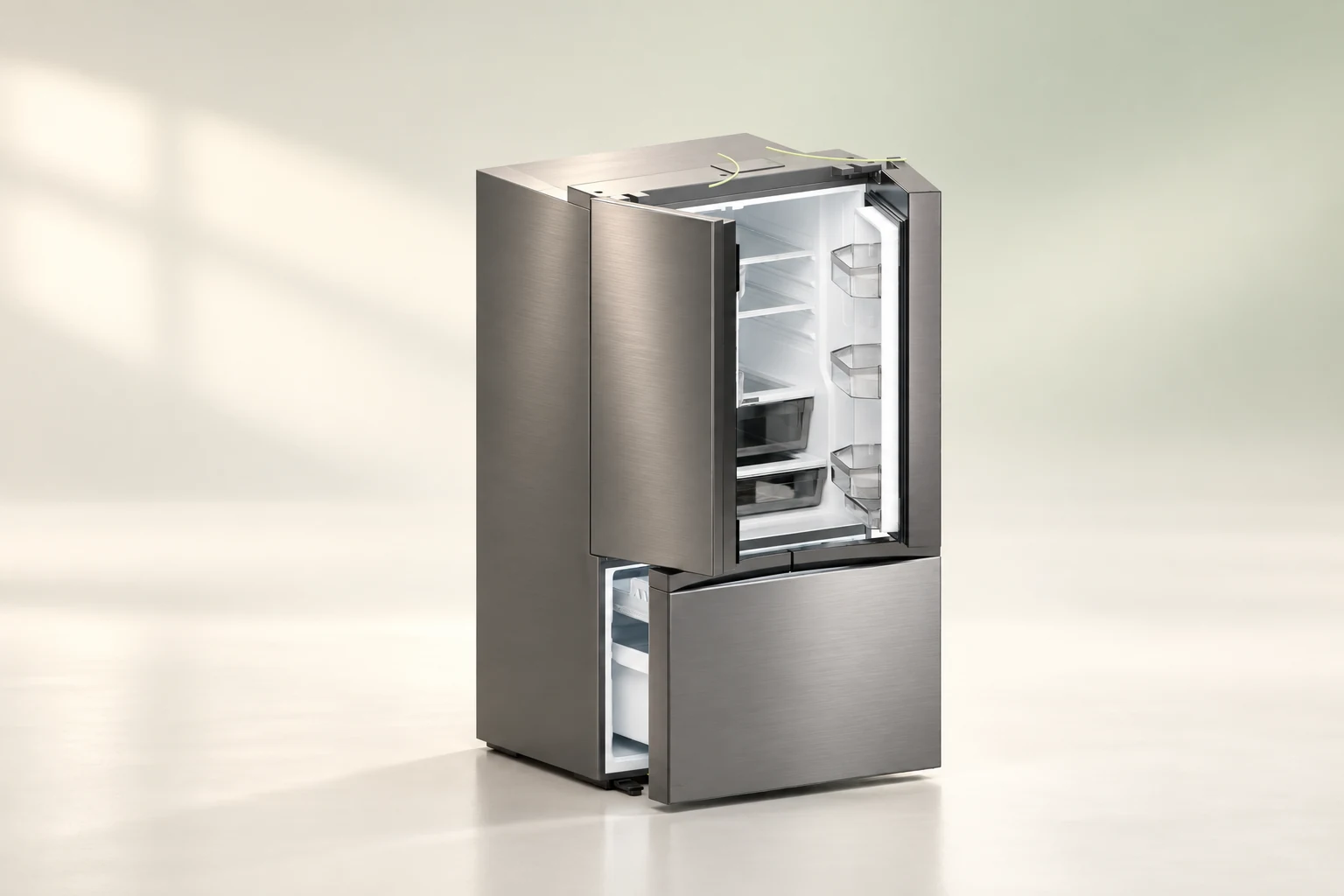 Library refrigerator with its two upper doors open and lower freezer drawer extended.