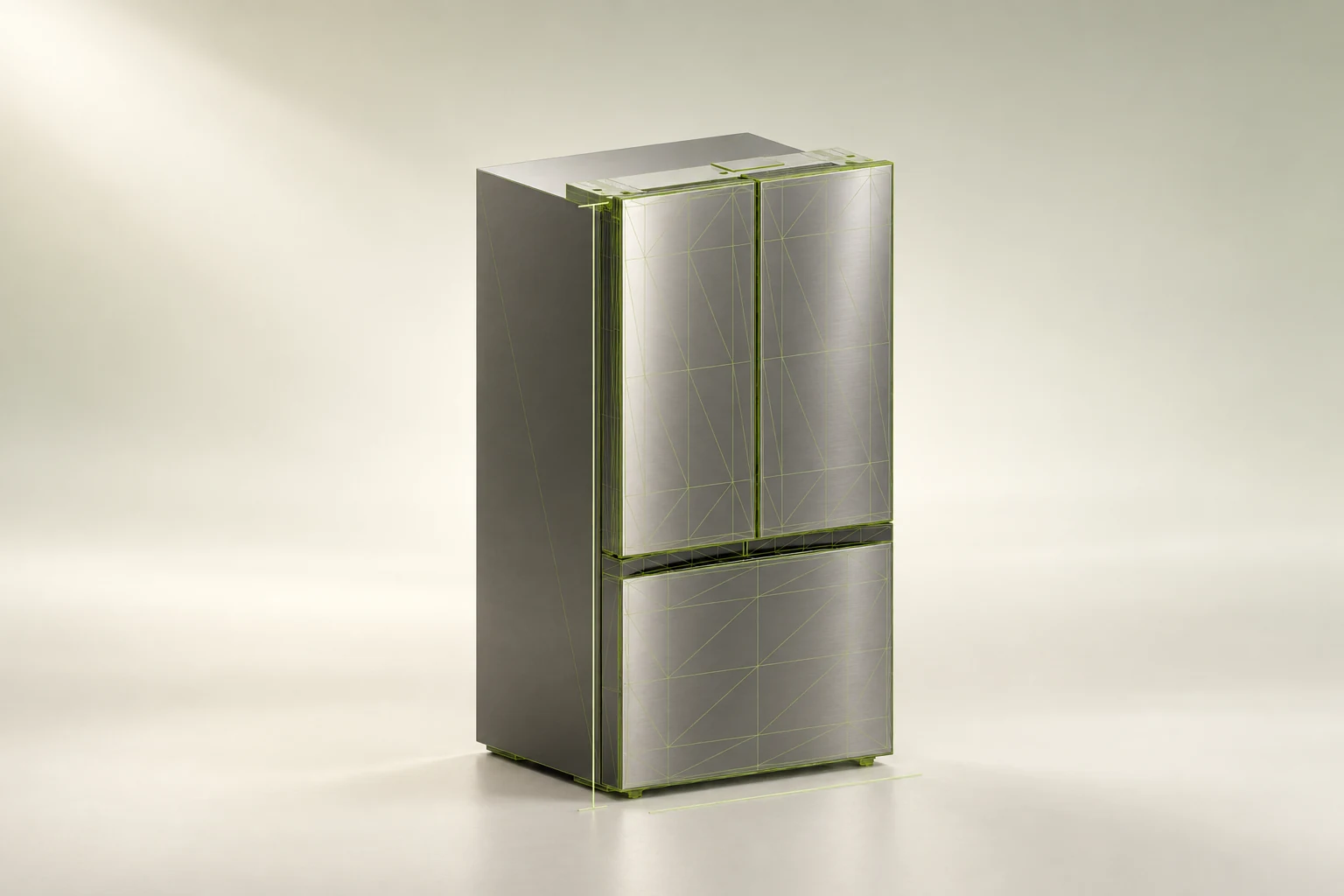 Library refrigerator with a wireframe overlay revealing its mesh geometry.