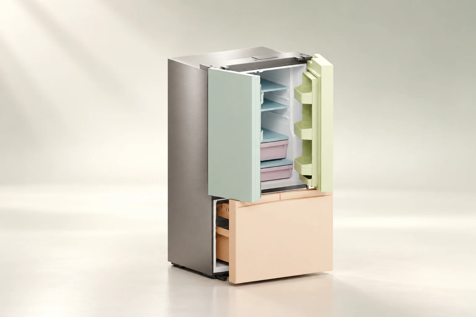 Library refrigerator comparing its surface materials with colored semantic regions for doors, drawers and body.