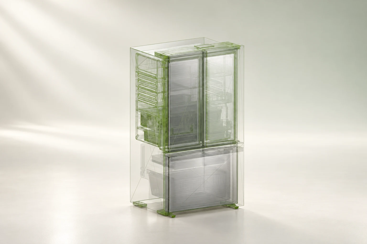 Library refrigerator visualized as a translucent cutaway of its authored collision-source geometry.