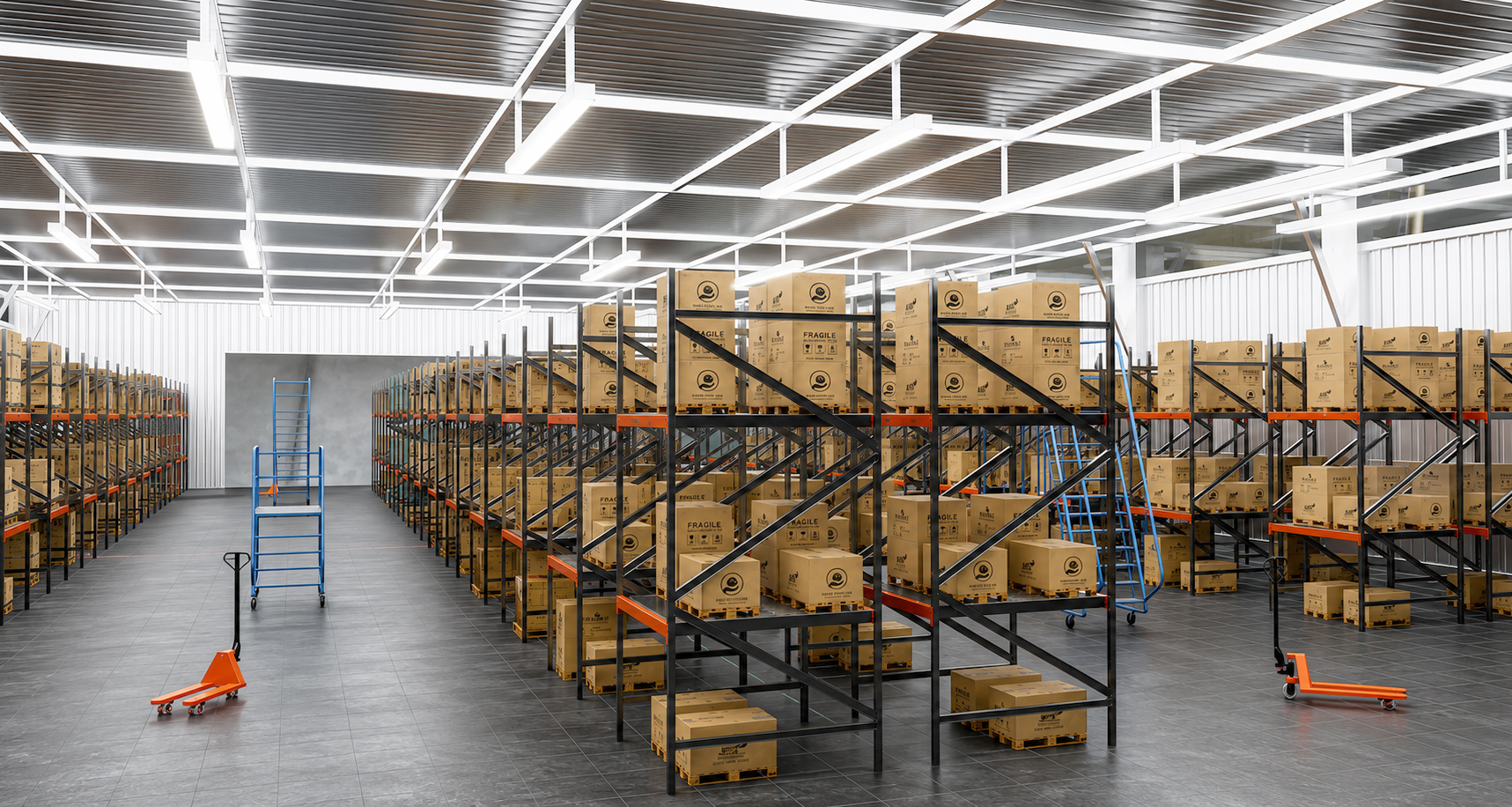 Warehouse 16 library scene showing storage racks, pallets and aisles